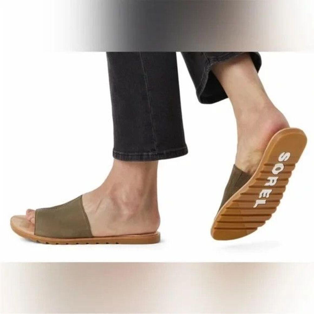 Sorel Ella Block Sandals Shoes Olive Green Leather Suede Slip On Womens Size 10
